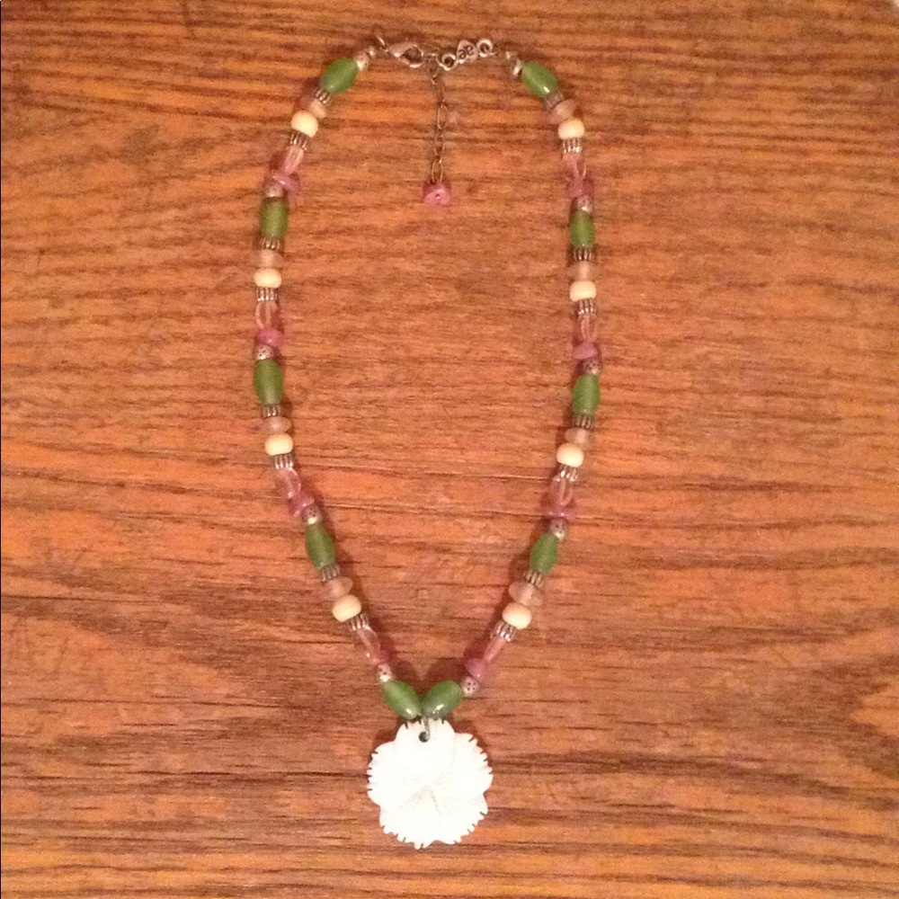 COPY - Seashell and Pink & Green Crystal Beaded Necklace.